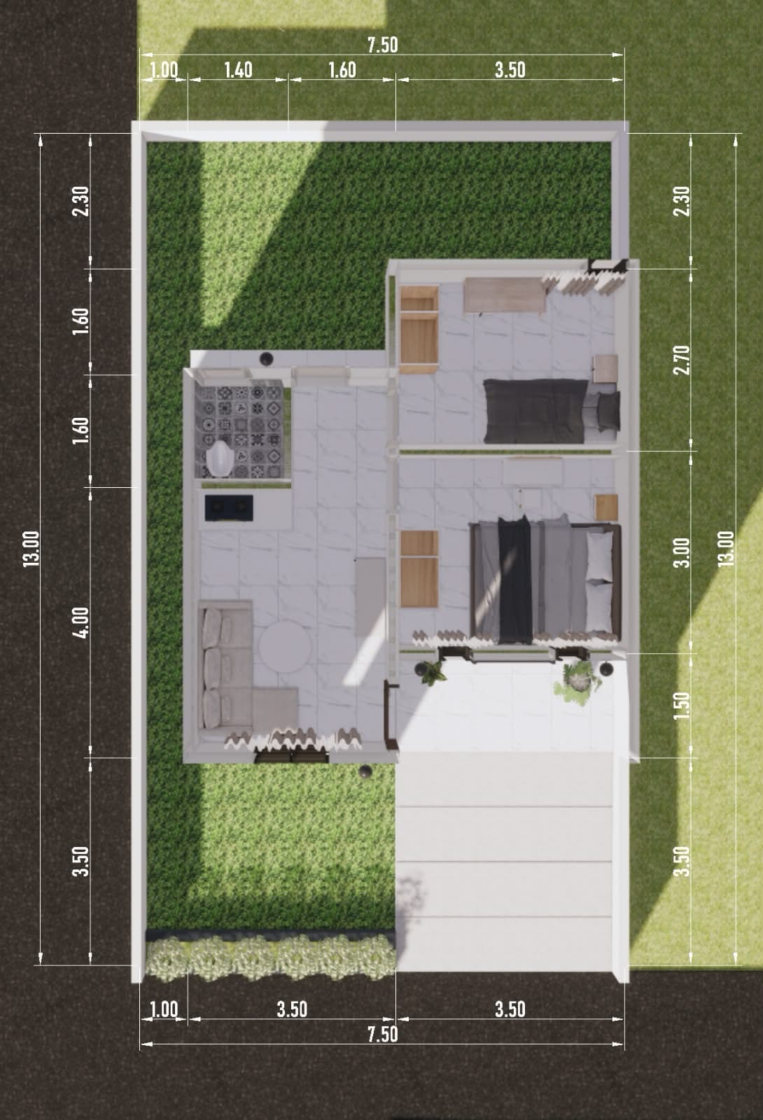 Denah tipe Single 7,5 × 13 m